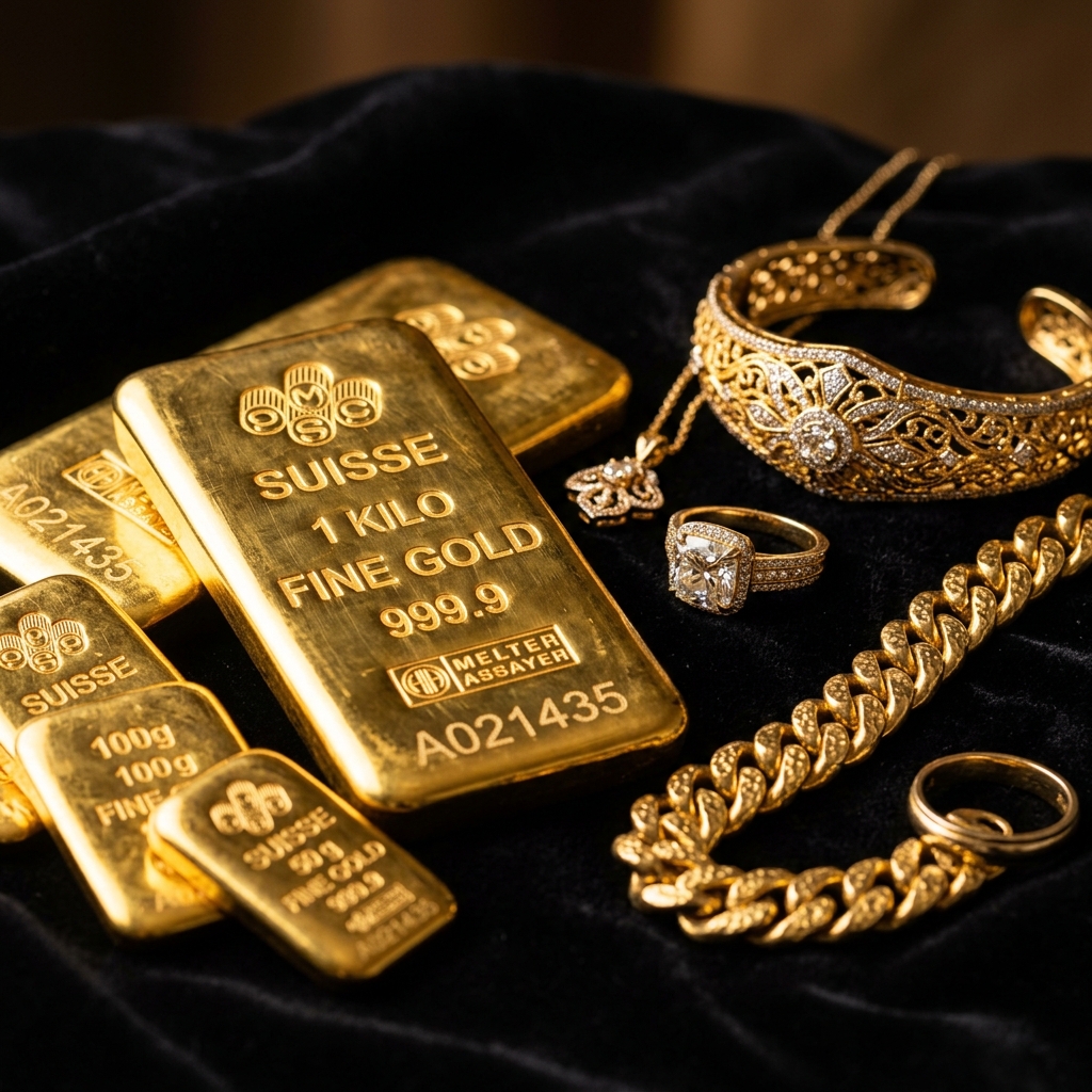Pure gold bars and luxury jewelry